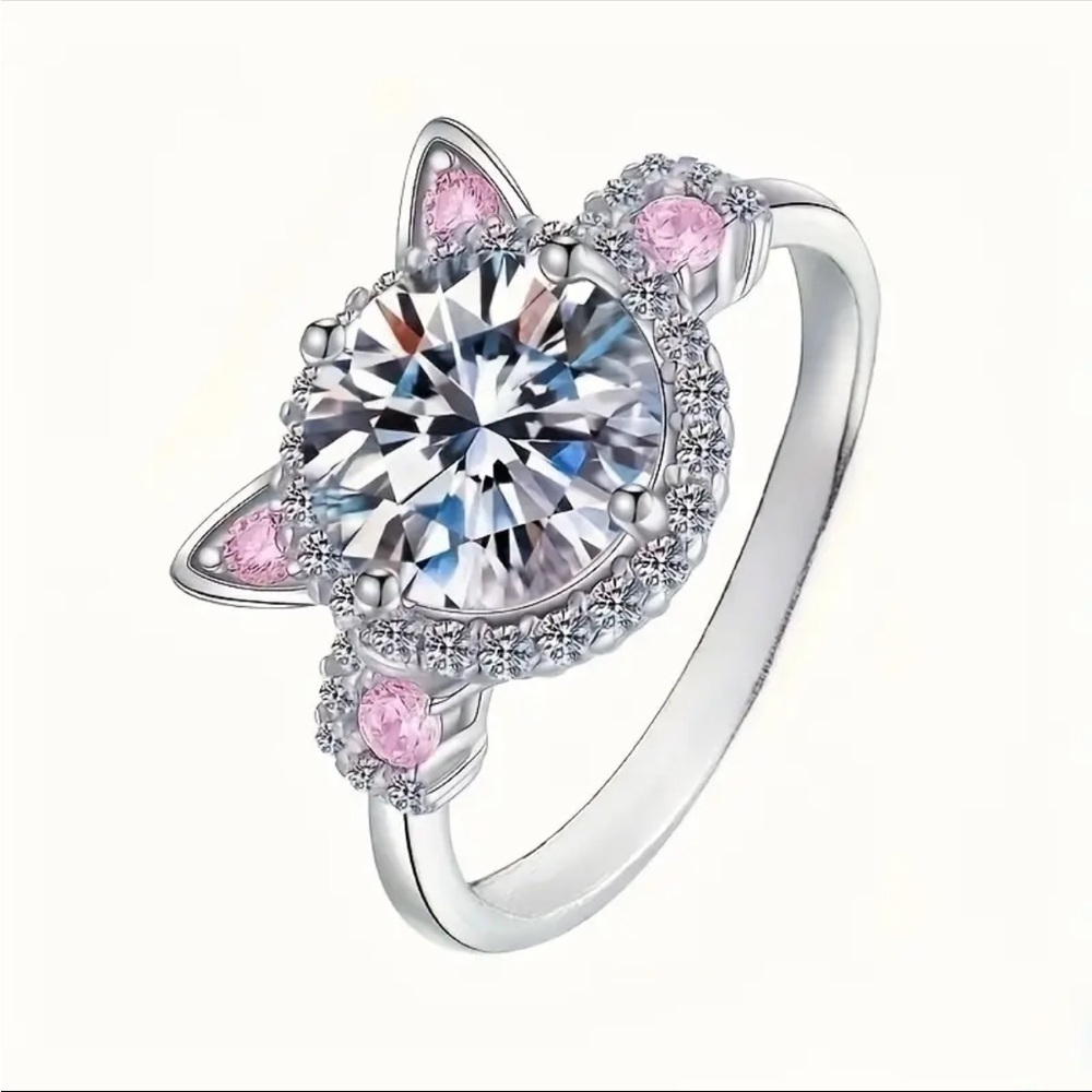 Pink Rhinestone Cat-Shaped Silver Ring - Picture 3 of 6